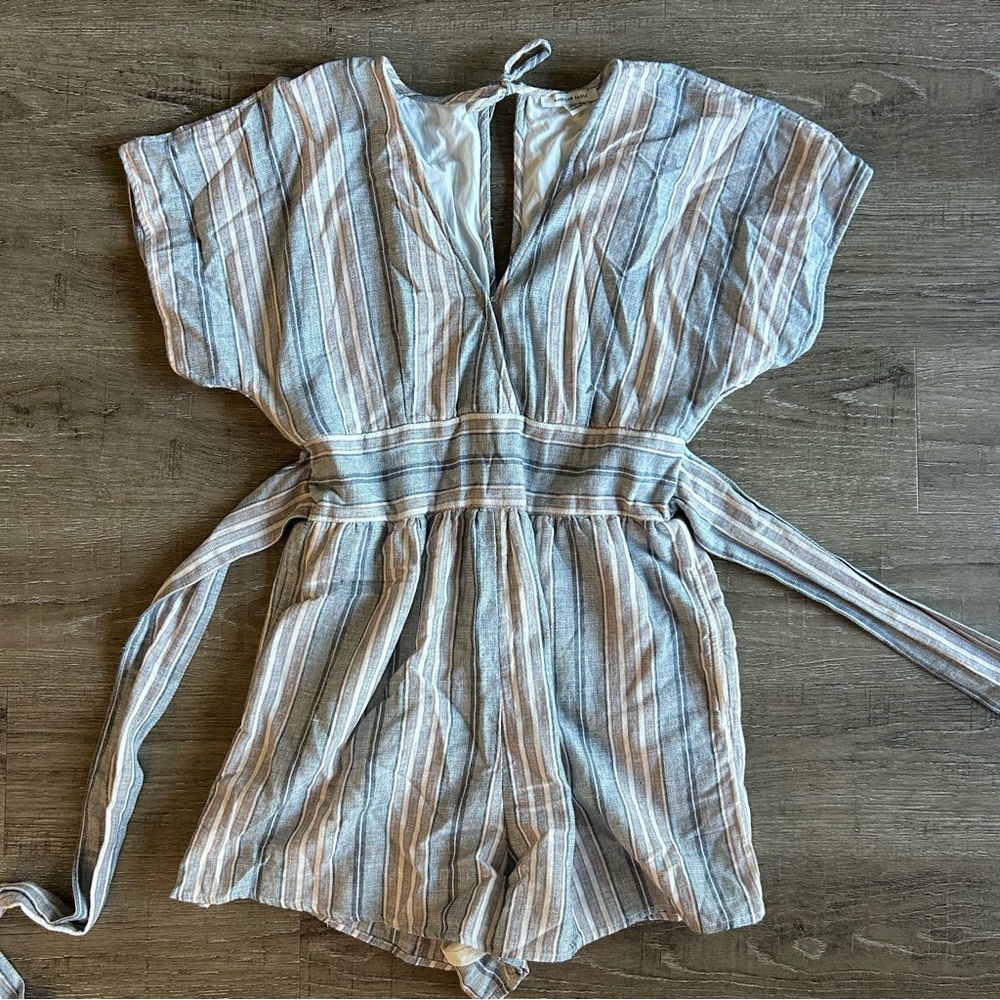 American Eagle Outfitters Striped Cream & Blue Romper with tied waist